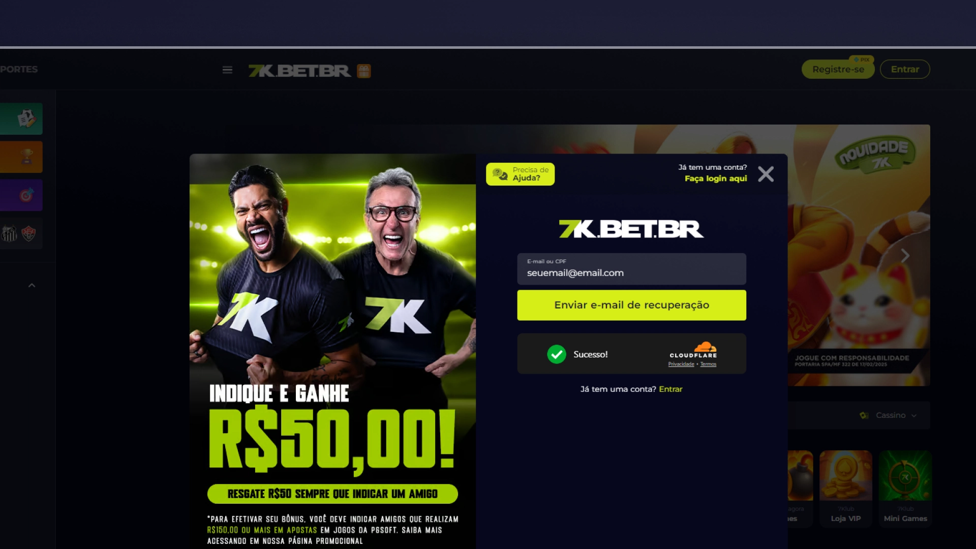 imagem captura Esqueci a senha Bet7K