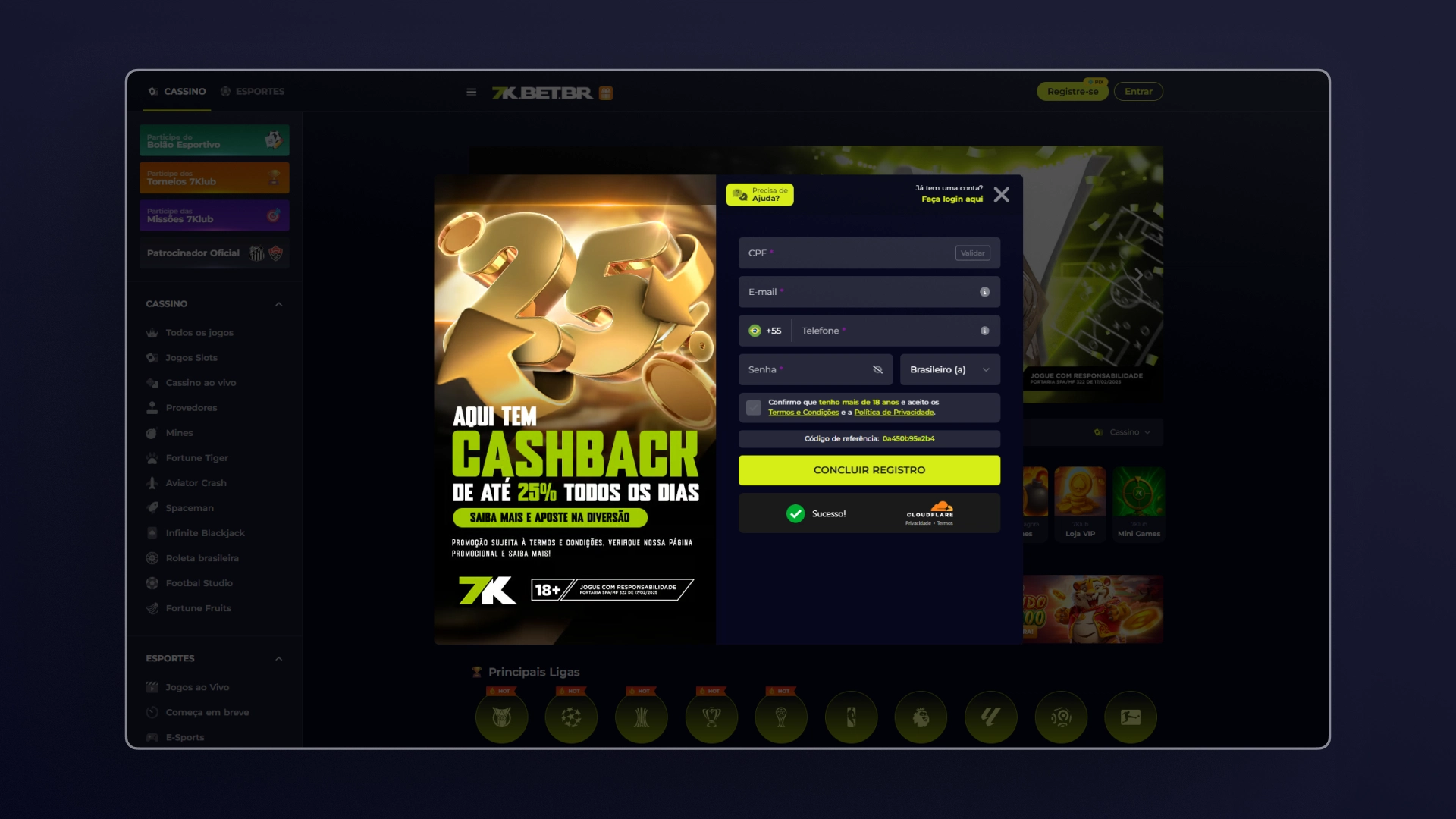 imagem captura area de cadastro Bet7K