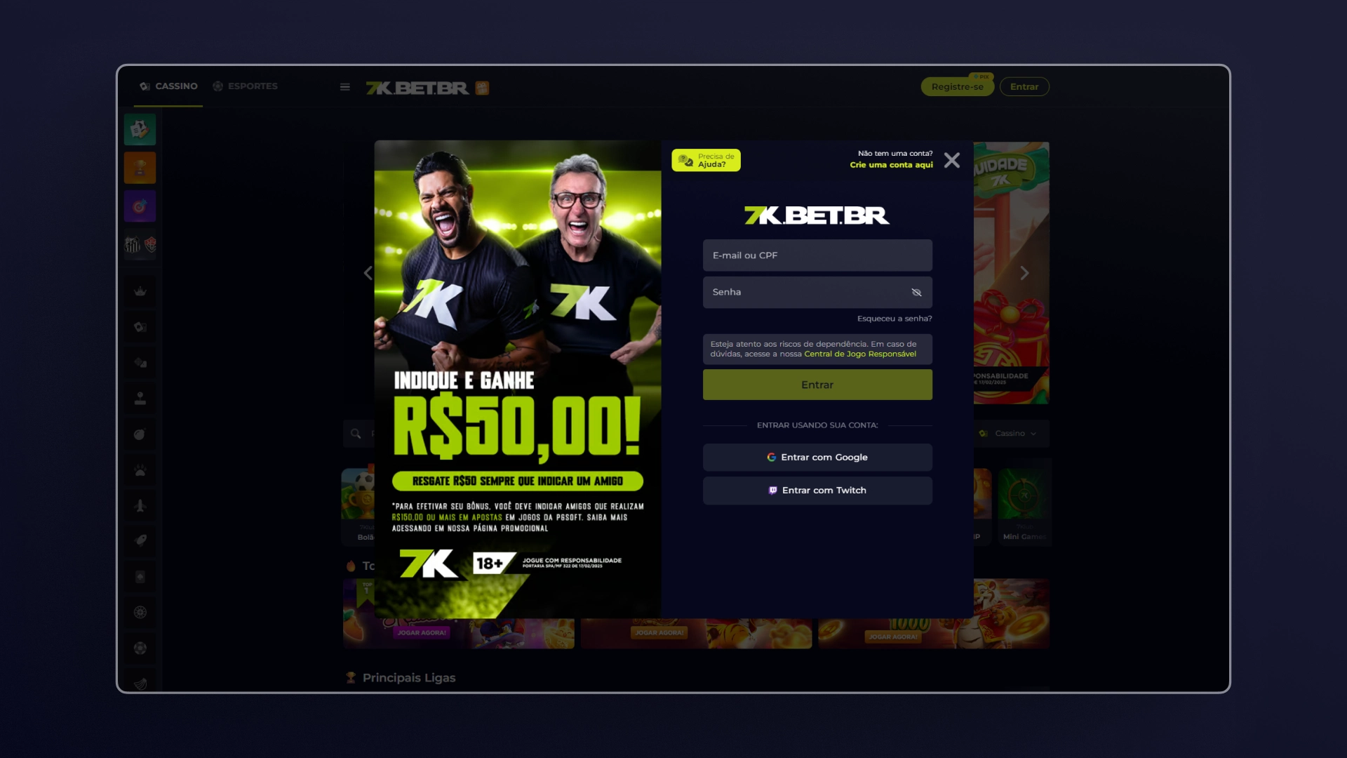 imagem captura area de login Bet7K