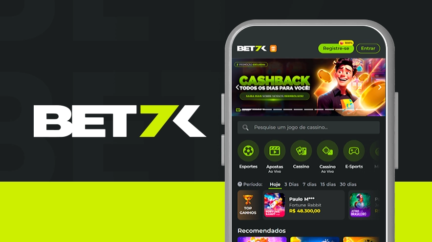 Imagem mostra smartphone aberto no app da Bet7k ao lado da logomarca da Bet7k