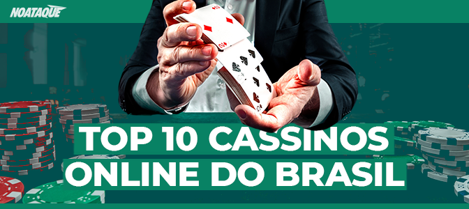 Imagem mostra crupiê em primeiro plano embaralhando cartase a frase: "Top 10 cassinos online do Brasil"