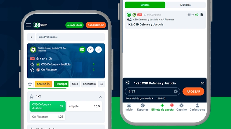 Imagem mostra smartphones abertos na página de apostas da 20Bet
