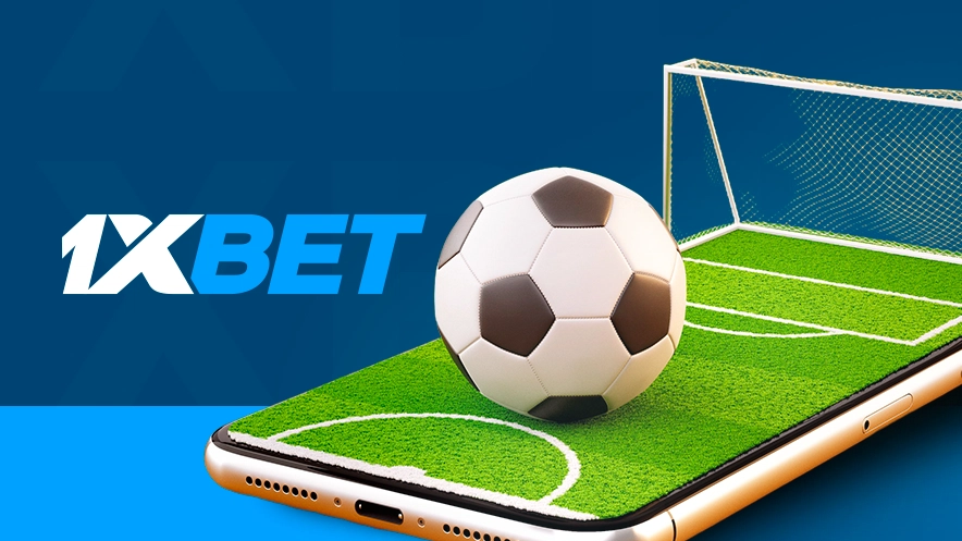 Imagem mostra smartphone como campo de futebol, uma bola e um gol ao lado da logomarca da 1xBet