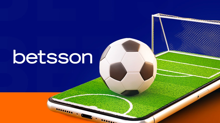 Imagem mostra smartphone como campo de futebol, uma bola e um gol ao lado da logomarca da Betsson