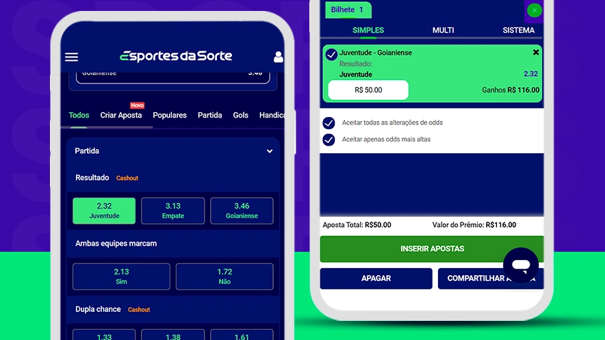 Imagem mostra smartphones abertos na página de apostas da Esportes da Sorte