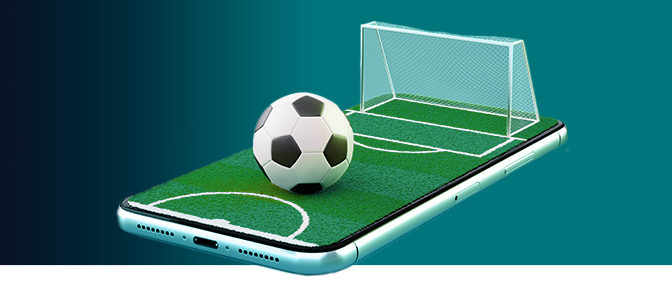 Imagem mostra um smartphone simulando um campo de futebol com uma bola e gol