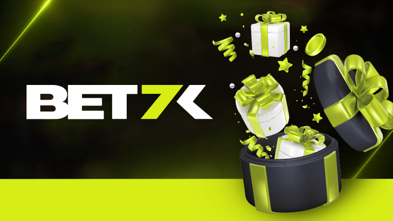 Imagem mostra caixas de presentes ao lado da logomarca da Bet7k