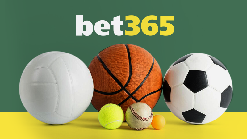 Imagem mostra bolas de vários esportes. Ao fundo, a logomarca da Bet365