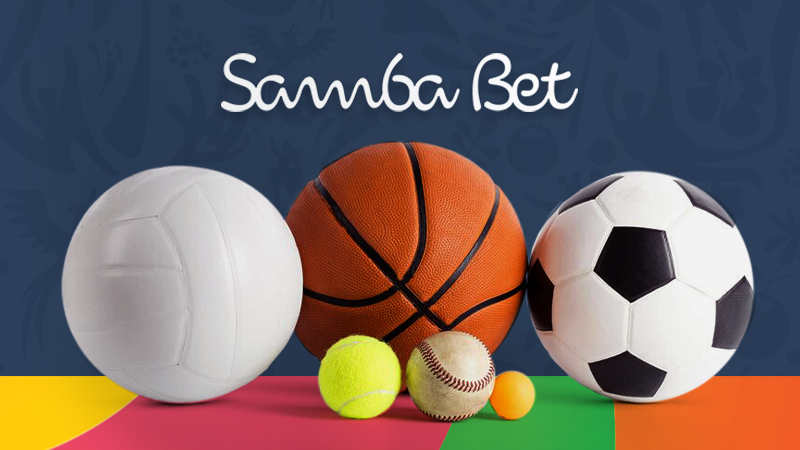 Imagem mostra bolas de vários esportes. Ao fundo, a logomarca da Sambabet