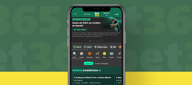 Imagem mostra smartphone aberto na home do app da Bet365