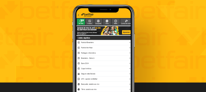 Imagem mostra smartphone aberto na página principal da Betfair