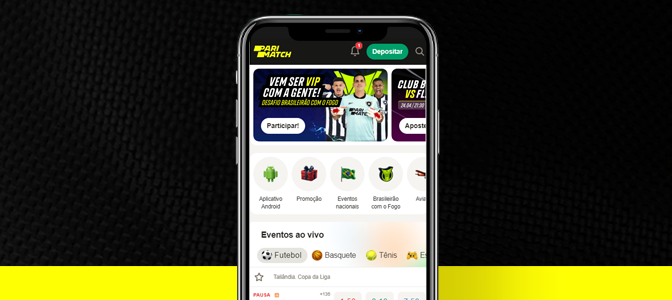 Imagem mostra smartphone aberto na home do app da Parimatch