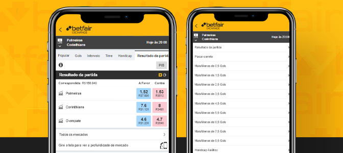 Imagem mostra smartphones abertos na página de mercados de apostas da Betfair