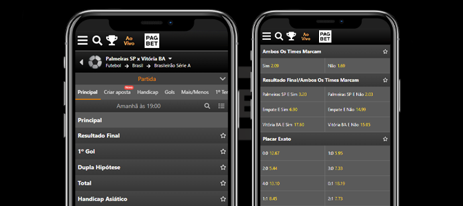 Imagem mostra smartphones abertos na página de apostas da Pagbet