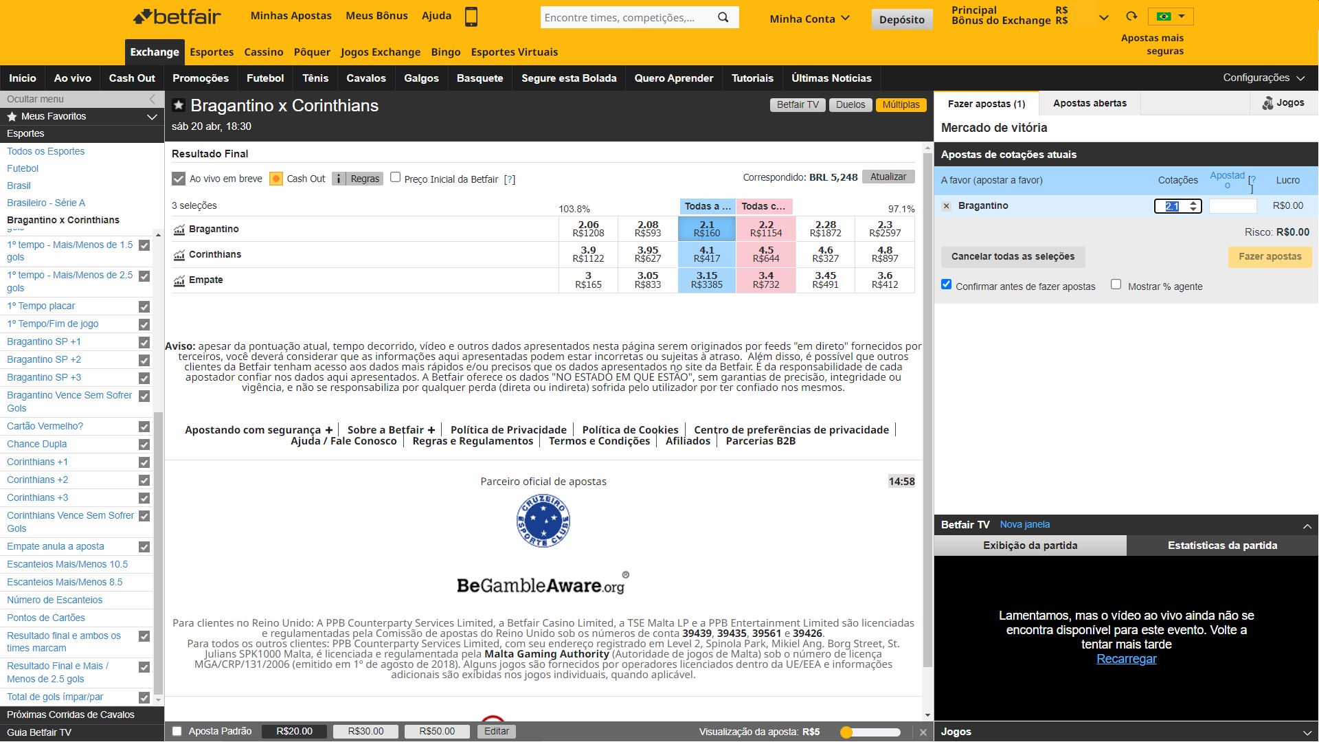 screenshot aposta betfair