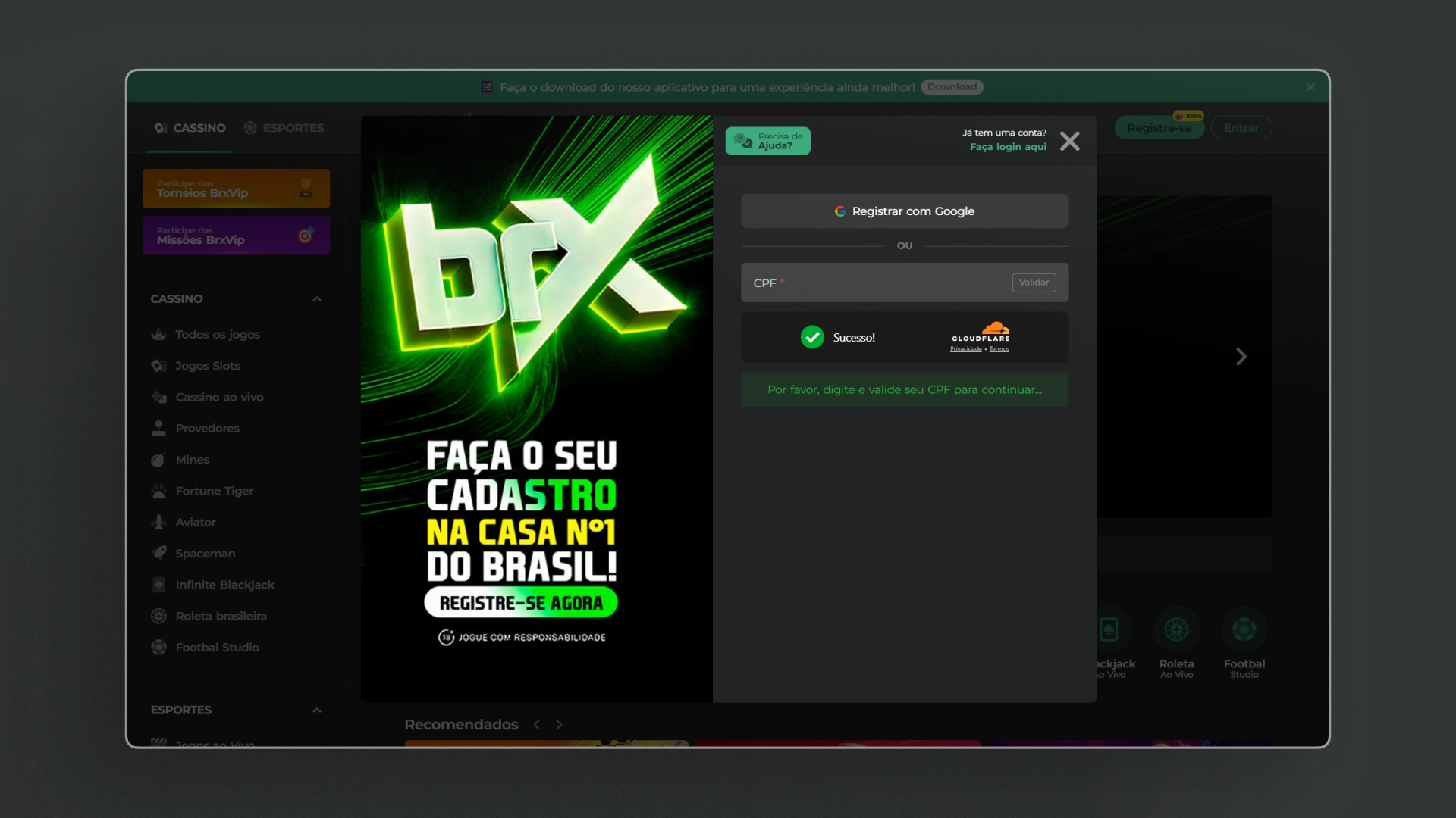 screenshot cadastro Betfast