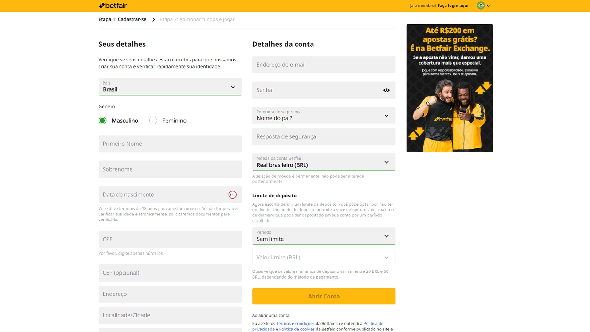 screenshot cadastro betfair