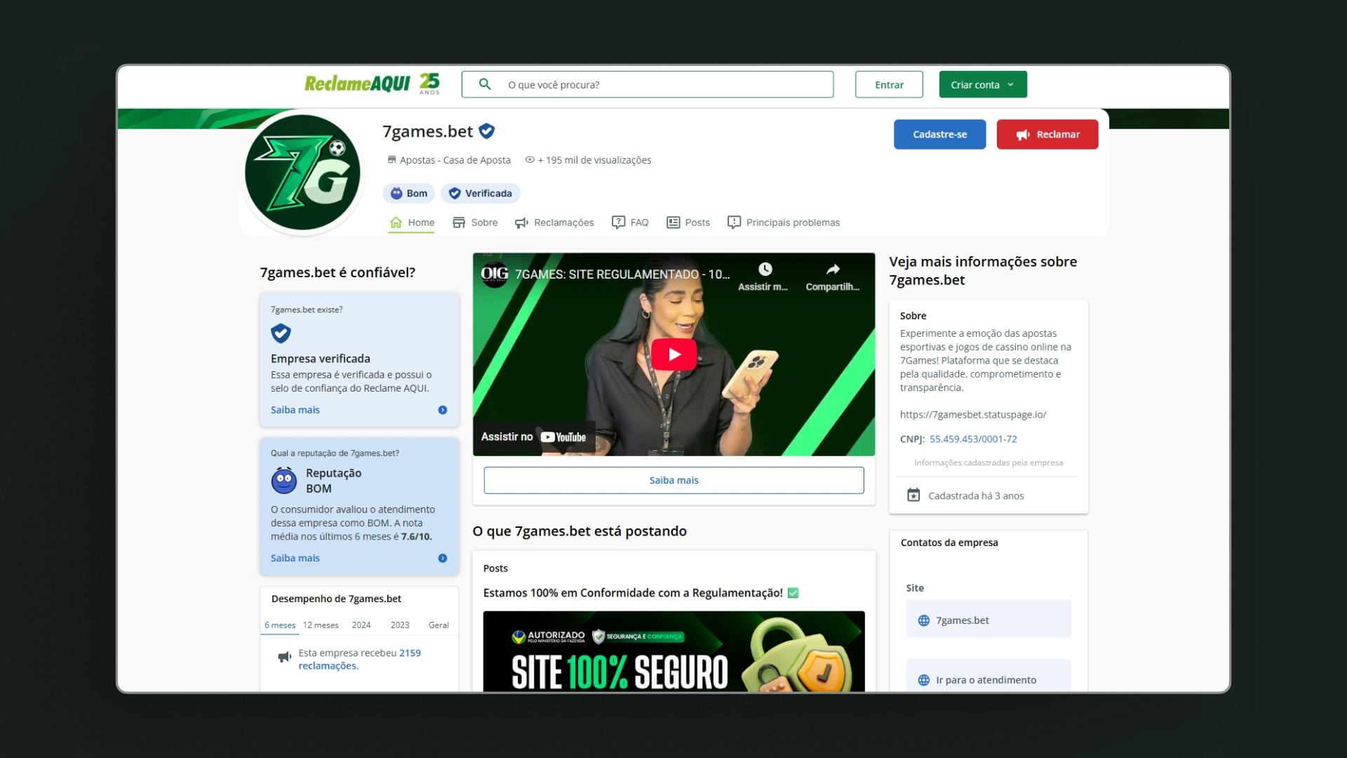 screenshot pagina reclame aqui 7games