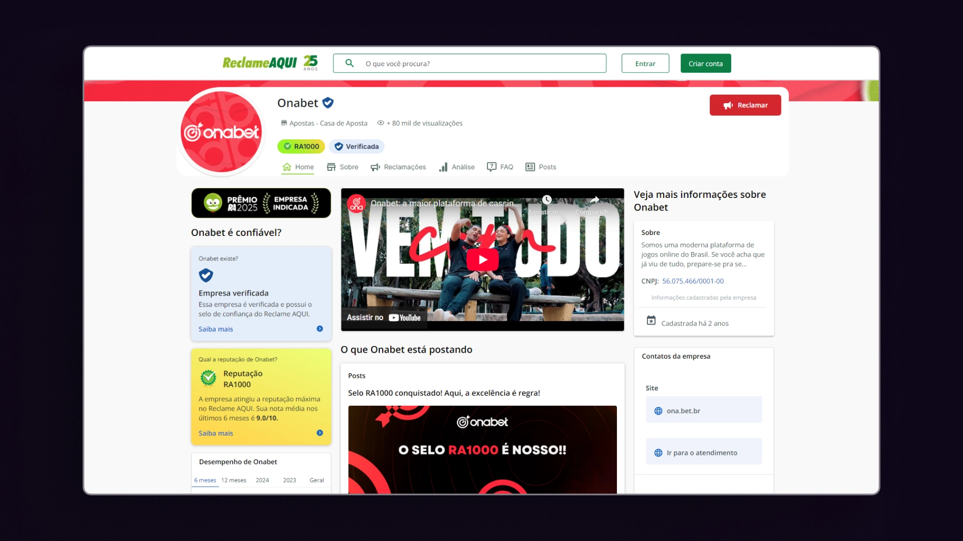 screenshot pagina reclame aqui onabet