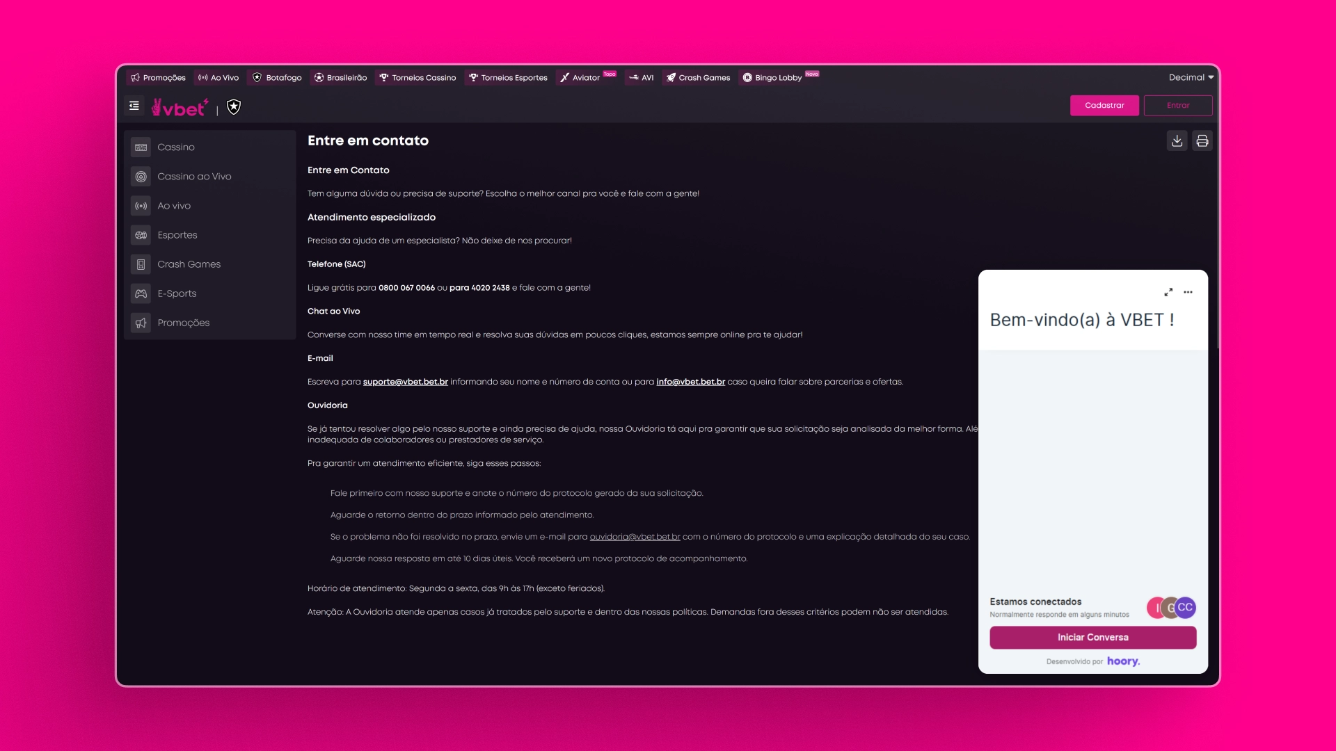 screenshot pagina suporte vbet