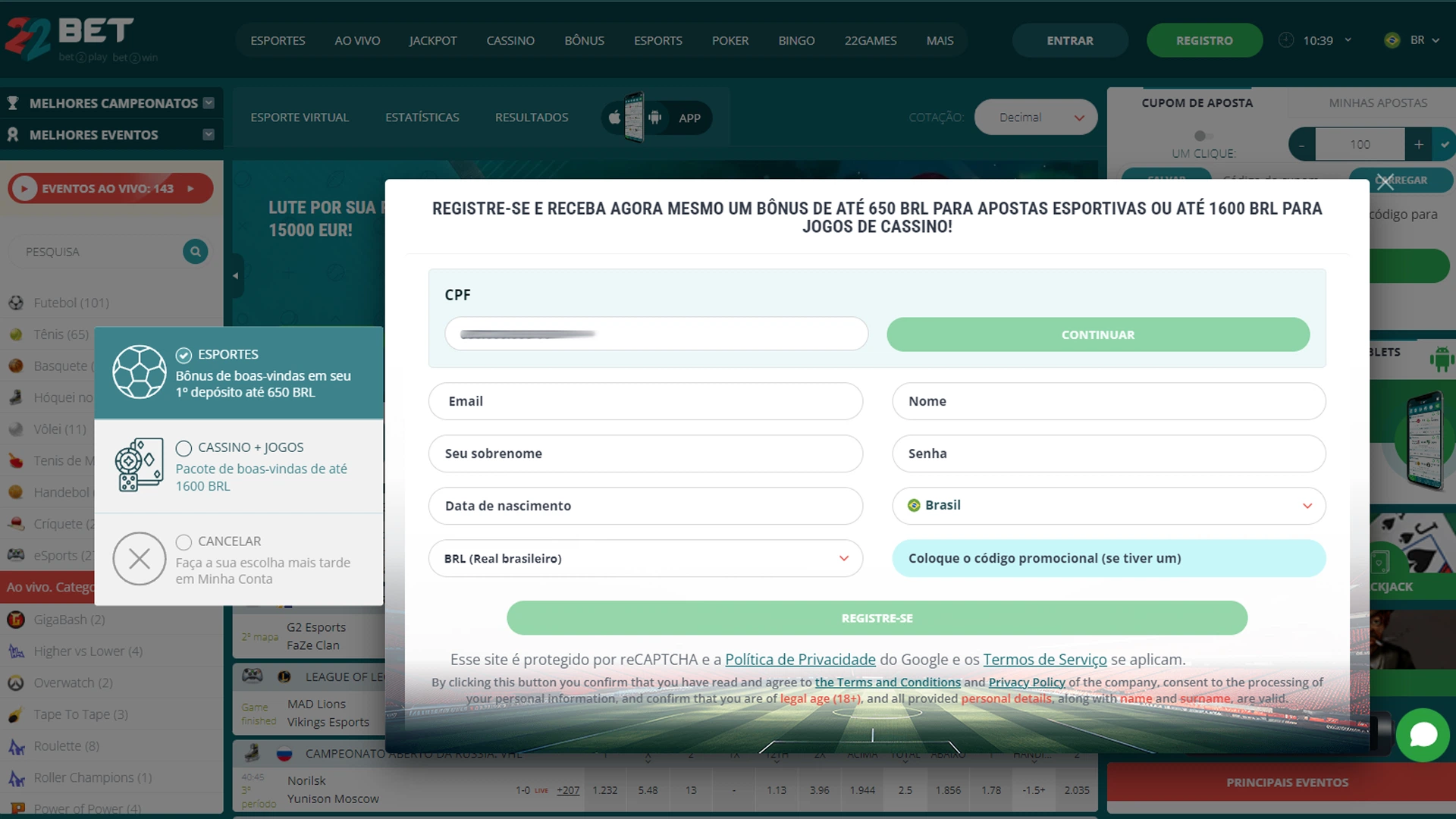 screnshot cadastro 22bet