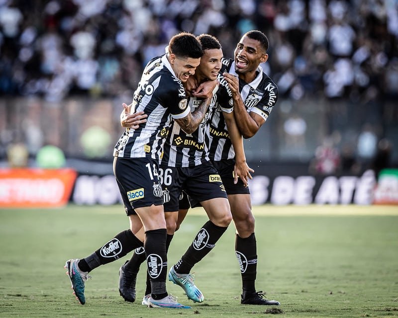 Foto dos jogadores do Santos comemorando gol contra o Vasco (foto: Raul Baretta/ Santos)