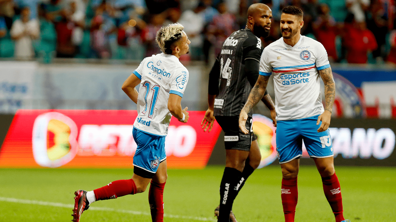 Jogadores do Bahia felizes (foto: Felipe Oliveira/EC Bahia)