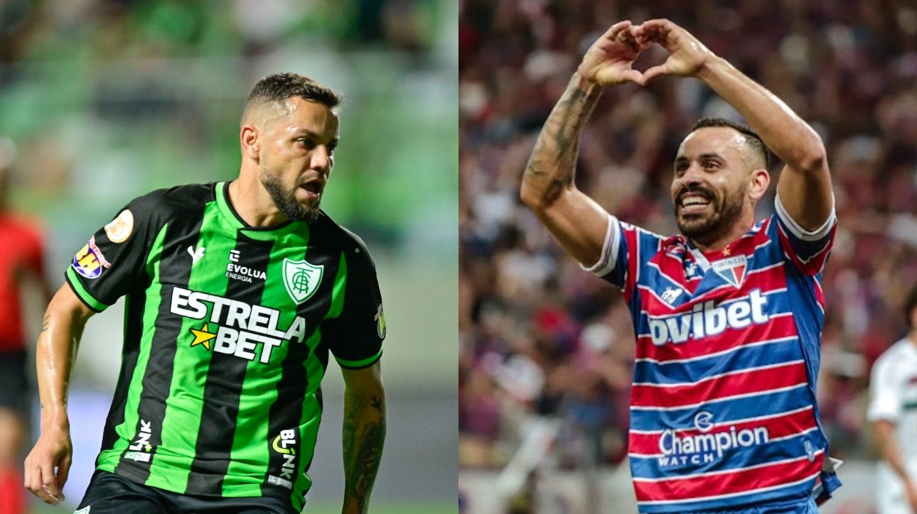 Felipe Azevedo, do América-MG, e Moisés, do Fortaleza (foto: Mateus Lotif / Fortaleza e Mourão Panda / América)