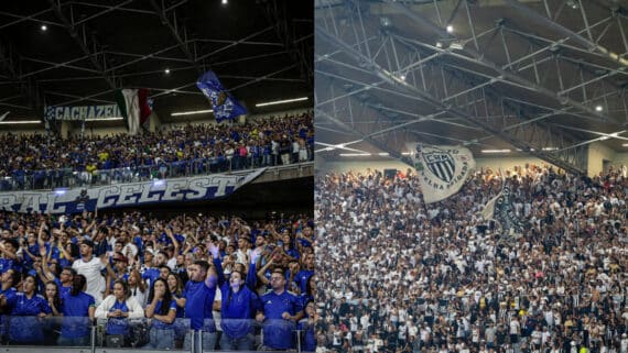 Torcidas de Cruzeiro e Atlético-MG no Mineirão (foto: Staff images / Cruzeiro --- Daniela Veiga / Atlético)