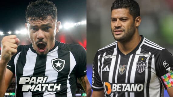 Tiquinho Soares, do Botafogo, e Hulk, do Atlético-MG (foto: Vitor Silva/Botafogo e Pedro Souza/Atlético-MG)