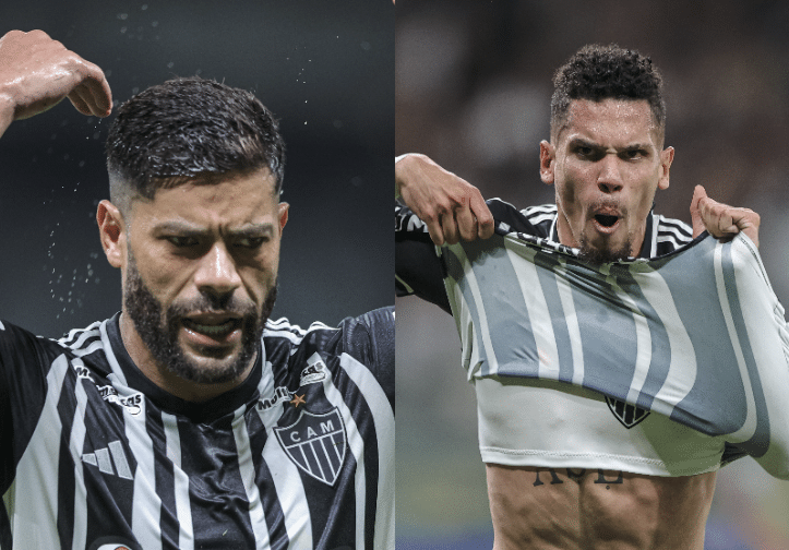 À esquerda, Hulk faz gesto chamando torcida. À direita, Paulinho comemora gol puxando camiseta (foto: Pedro Souza/Atlético)