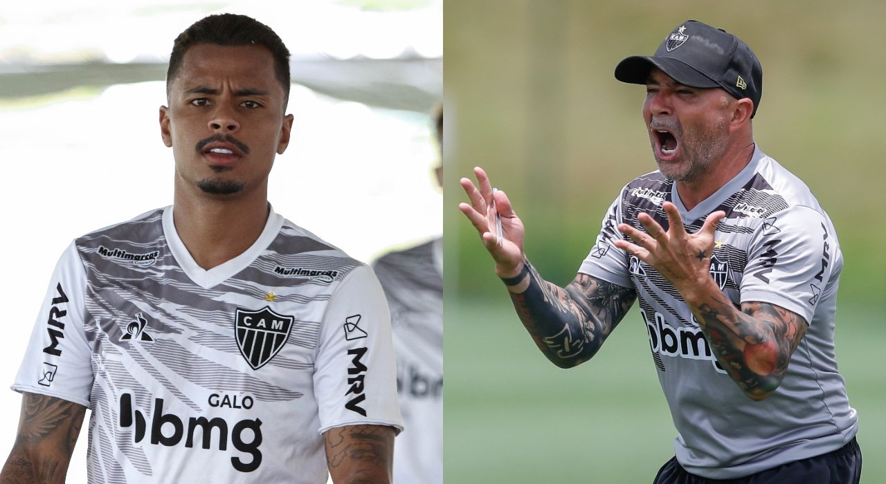 Allan, do Atlético-MG, e Sampaoli, ex-técnico do Atlético-MG e atualmente no Flamengo (foto: Pedro Souza/Atlético e Bruno Cantini/Atlético)