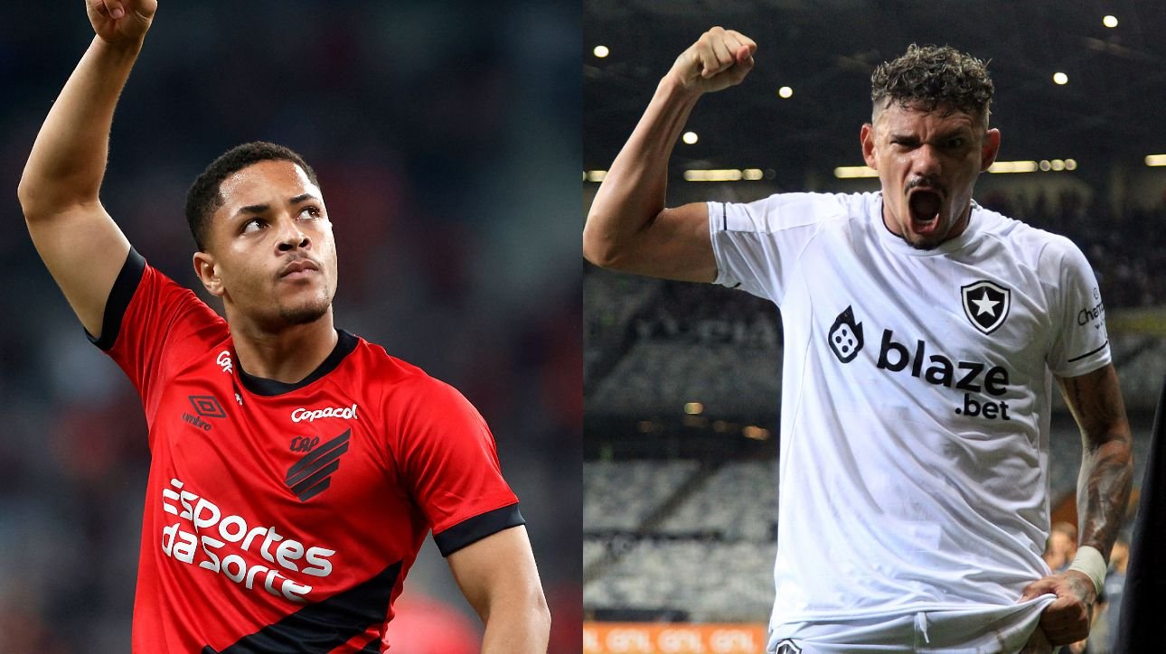 Vitor Roque, do Athletico-PR, e Tiquinho Soares, do Botafogo (foto: albari rosa / AFP e Vítor Silva/Botafogo)