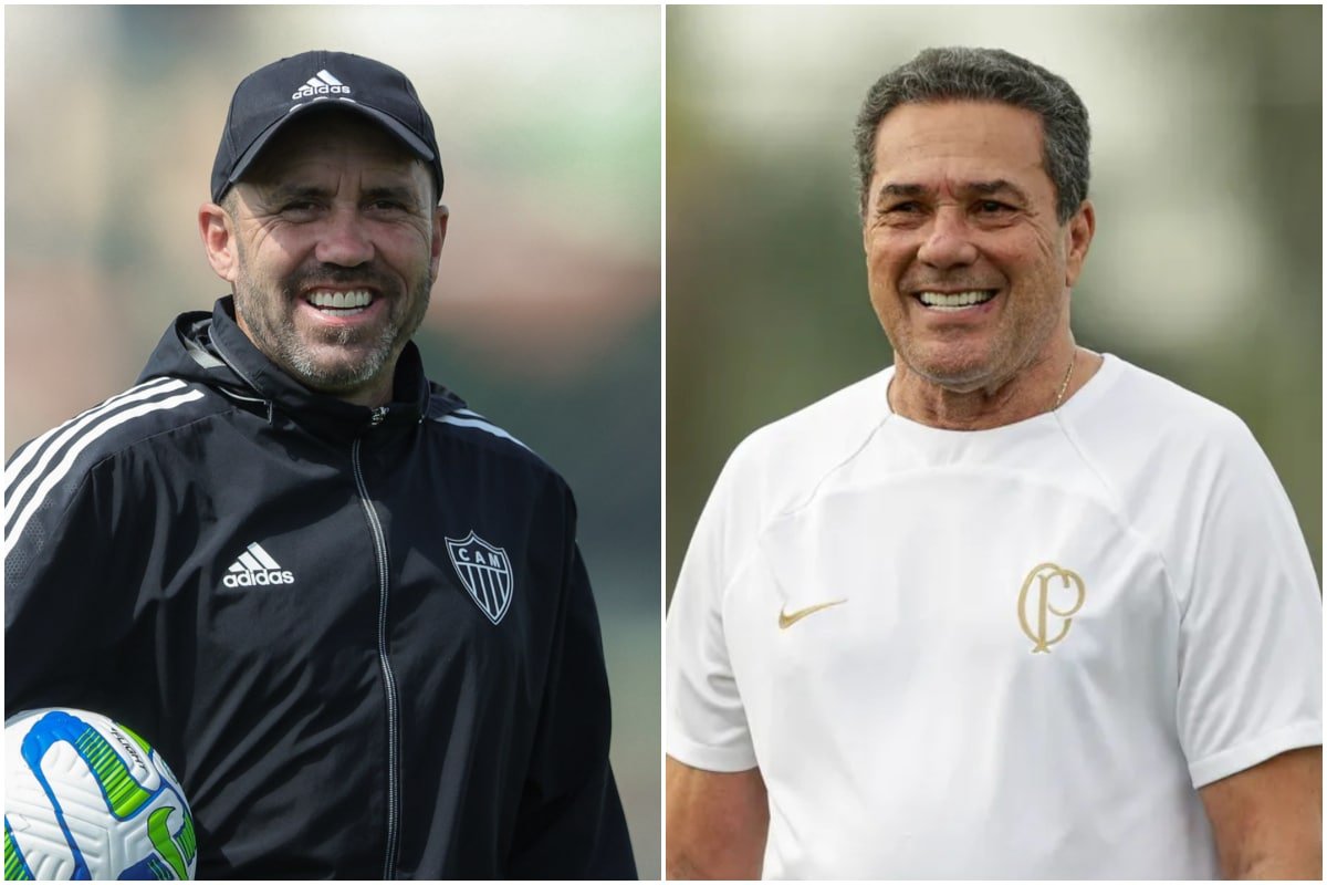 Coudet em treino do Atlético-MG e Luxemburgo em treino do Corinthians (foto: Pedro Souza/Atlético-MG e Rodrigo Coca/Ag. Corinthians)