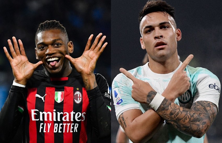 Rafael Leão e e Lautaro Martinez (foto: Tiziana FABI/ AFP e Filippo MONTEFORTE / AFP)