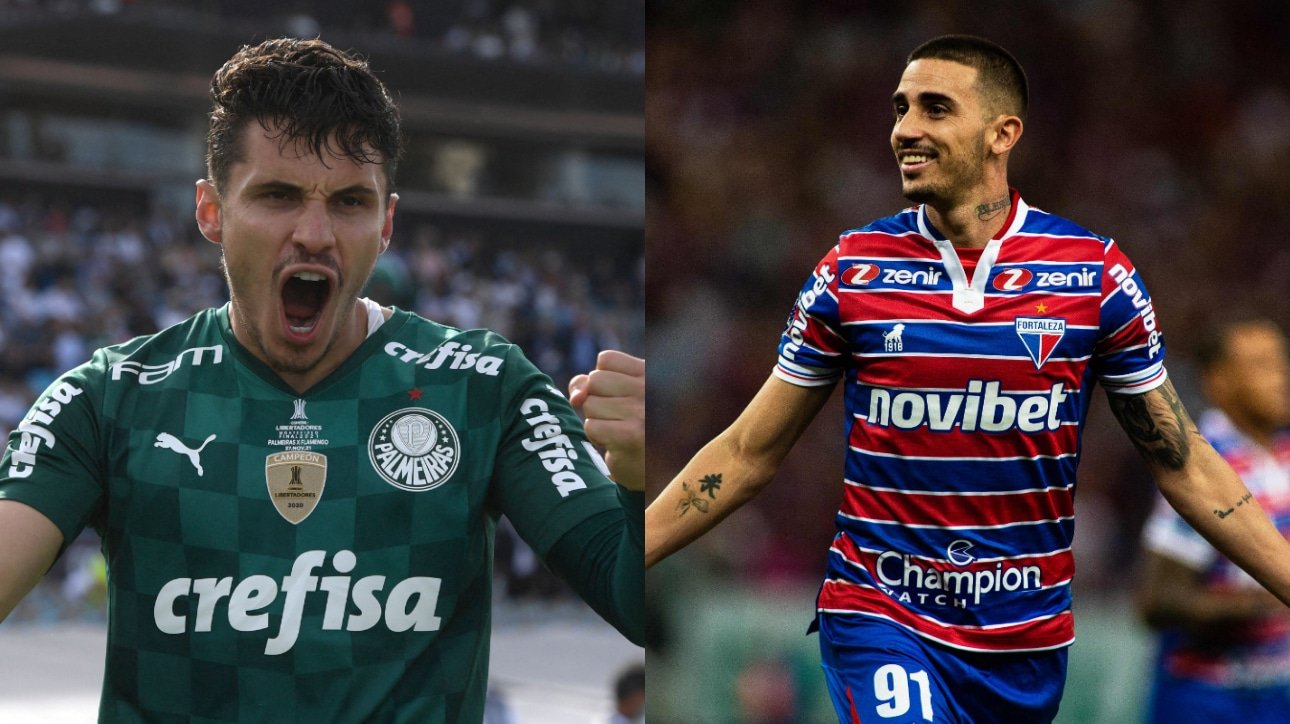 Raphael Veiga, do Palmeiras, e Thiago Galhardo, do Fortaleza (foto: Juan Mabromata / AFP e Thiago Gadelha / AFP)