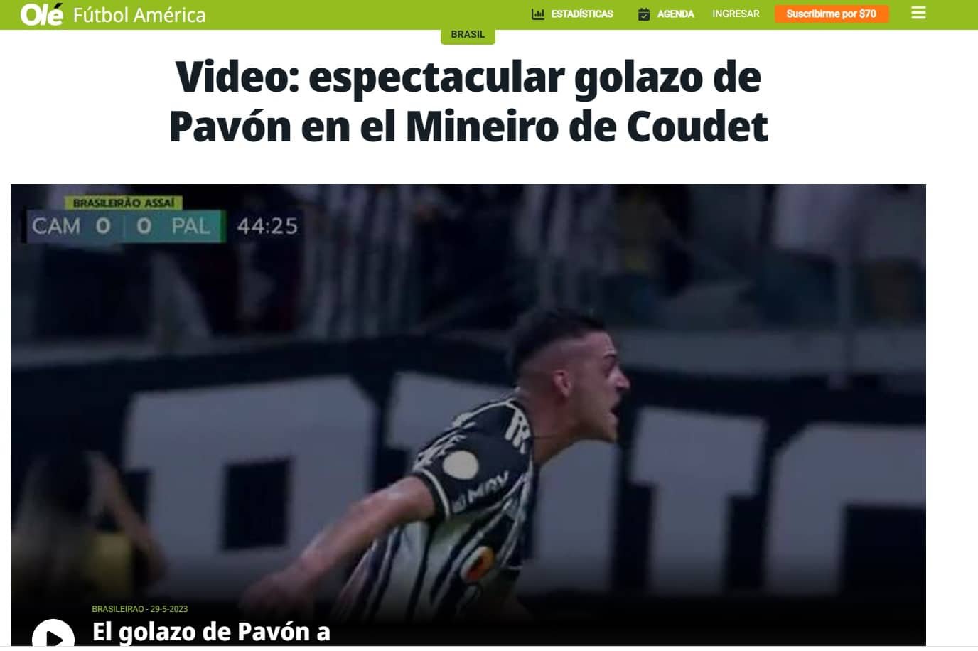 Golaço de Pavón, do Atlético-MG, ganha destaque no Olé (foto: Reprodução)