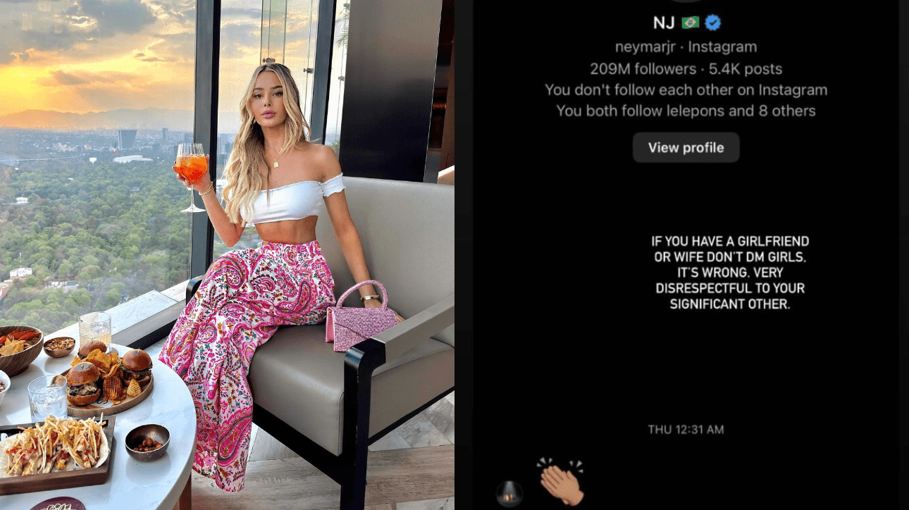 À esquerda, modelo Celeste, à direita, mensagem de Neymar - um emoji de palmas (foto: Reprodução Instagram)