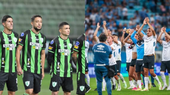 América-MG e Grêmio (foto: Alexandre Guzanshe/EM/D.A Press ---- LUCAS UEBEL/GREMIO FBPA)