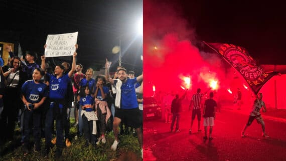 Torcedores de Cruzeiro e Atlético-MG fazendo festa em Uberlândia (foto: Alexandre Guzanshe e Pedro Bueno)