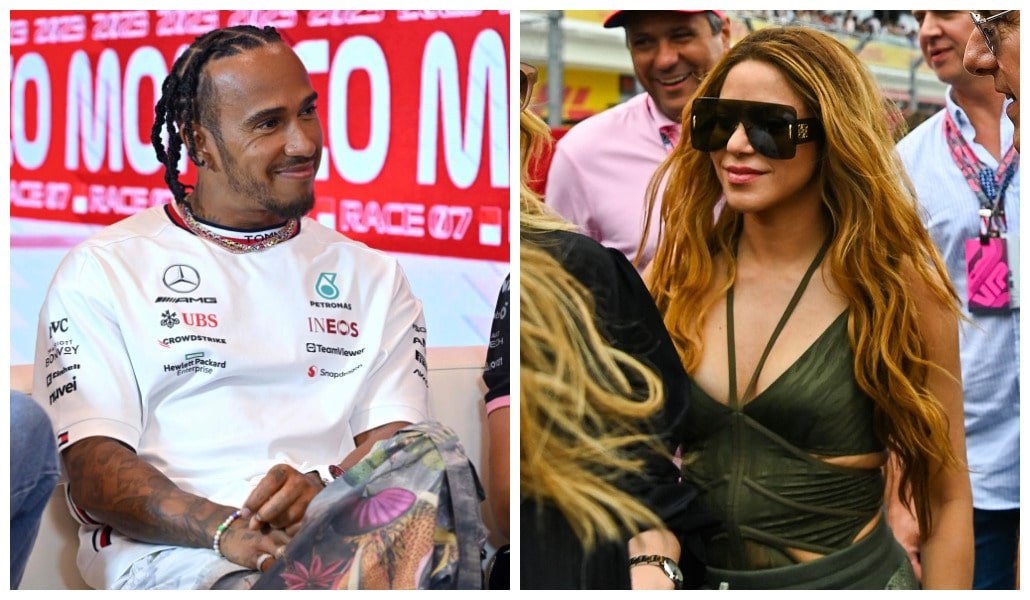 Hamilton e Shakira (foto: Montagem: ANDREJ ISAKOVIC / AFP e CHANDAN KHANNA / AFP)