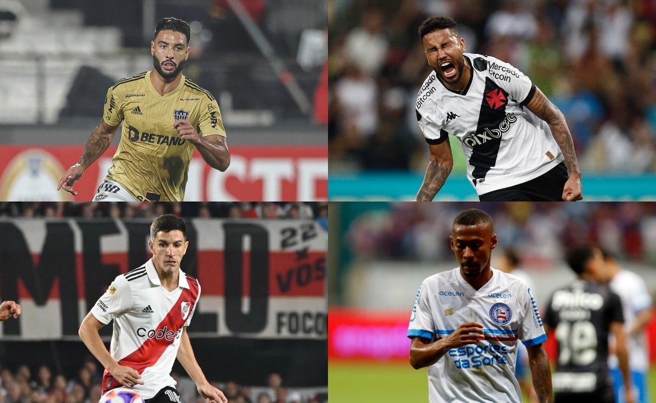 Nathan Silva, Jair, Nacho Fernández e Ademir (foto: Pedro Souza/Atlético-MG, Daniel Ramalho/Vasco, Divulgação/River Plate e Felipe Oliveira/Bahia)