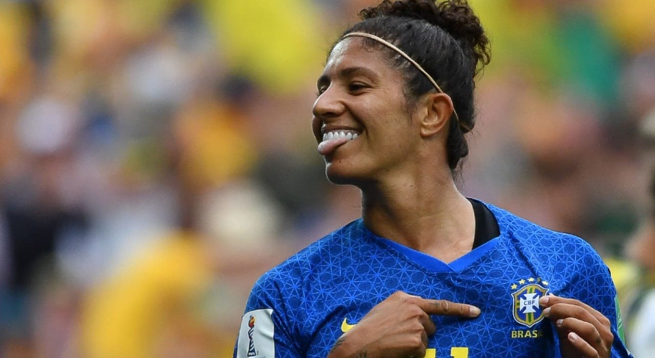 Cristiane comemorando após marcar um gol durante a partida entre Austrália e Brasil, na Copa do Mundo Feminina da França, no dia 13 de junho de 2019, no Mosson Stadium em Montpellier, França. (foto: AFP / Pascal GUYOT)