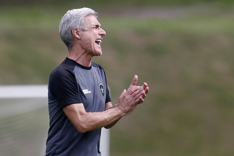 Técnico do Botafogo, Luís Castro bate palmas e grita (foto: Vítor Silva/Botafogo)