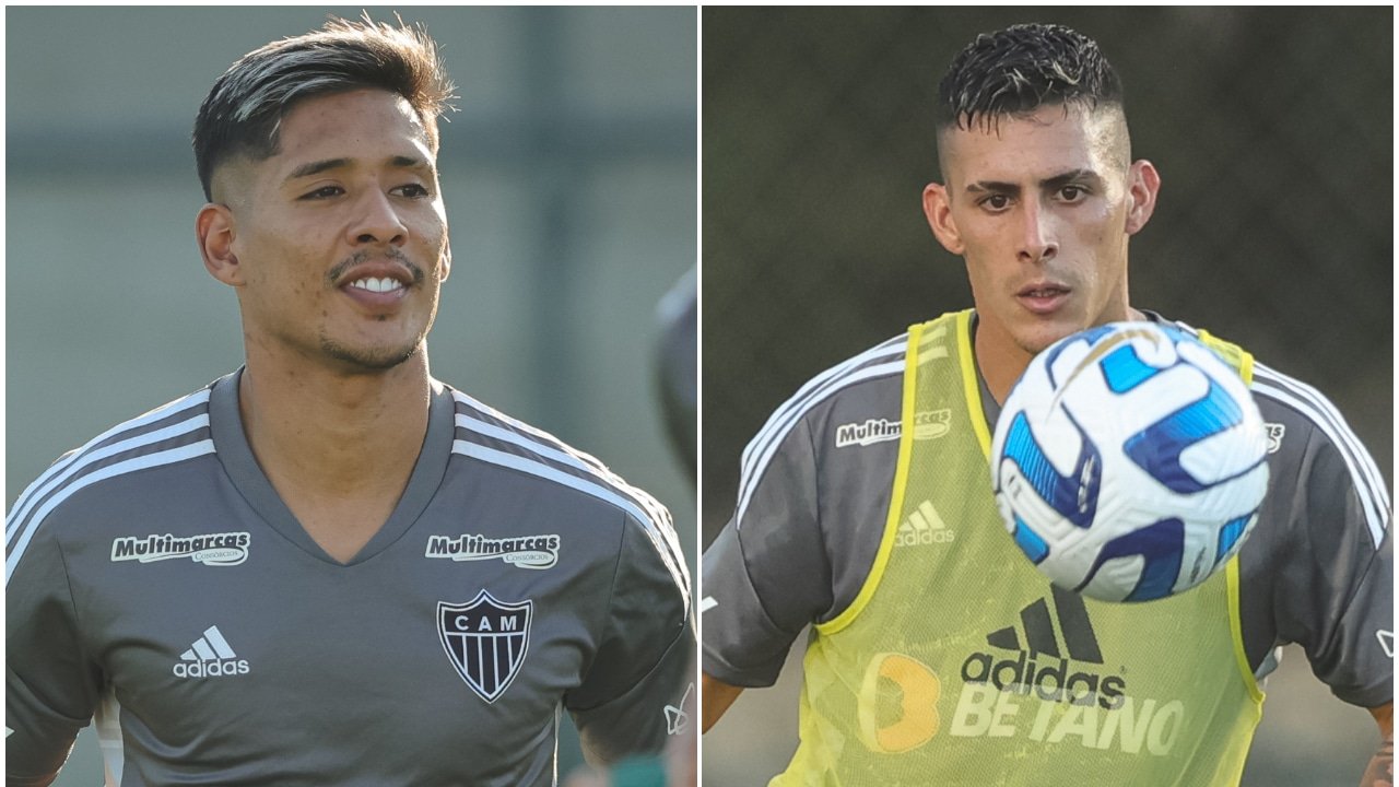 Zaracho e Pavón em treino no Atlético-MG em 2023 (foto: Pedro Souza/Atlético-MG)