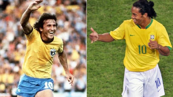 Zico e Ronaldinho pela Seleção Brasileira (foto: Reprodução/Fifa - AFP)