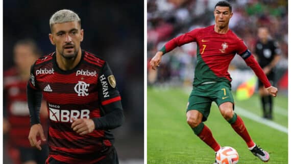 Arrascaeta em ação pelo Flamengo e Cristiano Ronaldo em ação por Portugal (foto: DIEGO LIMA/AFP e PATRICIA DE MELO MOREIRA/AFP)