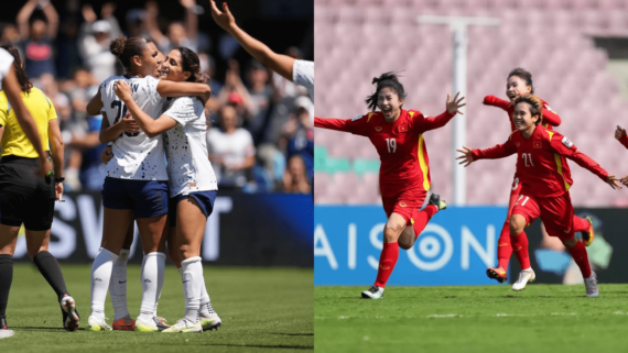 À esquerda, jogadoras dos EUA; à direita, jogadoras do Vietnã (foto: Reprodução Instagram; Reprodução FIFA)