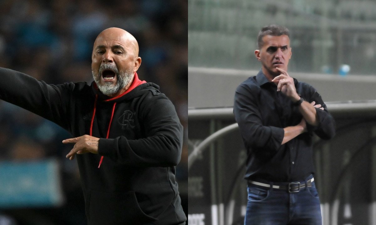 Sampaoli, técnico do Flamengo e Vagner Mancini, técnico do América (foto: AFP---Alexandre Guzanshe/EM/D.A Press)