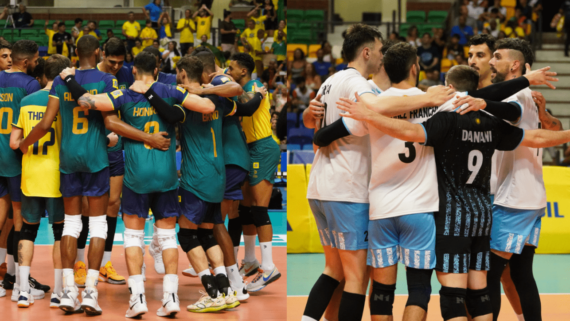 À esquerda, jogadores do Brasil; à direita, jogadores da Argentina (foto: Mauricio Val/FVImagem/CBV)